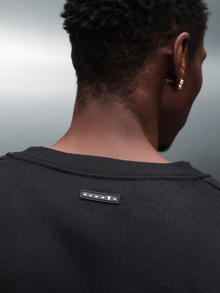 PLAYBOY X SUMWON Men Black Oversized Paneled Pullover Sweatshirt With Chest Logo Print Long Sleeve Crew Neck Casual Winter Fall Essential