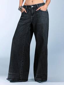 Betty Boop | ROMWE Y2K复古街头风 Betty & Letter 刺绣宽松低腰牛仔裤 - 藍色 - 查看 4