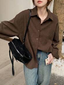 DAZY 女士纯色纽扣前长袖休闲上衣，日常休闲装，秋装 - 咖啡棕 - 查看 5