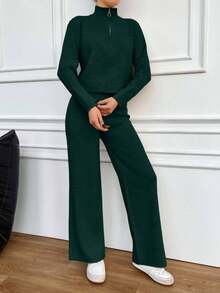 EURMUSE 2pcs Women Casual Solid Color Zip-Up Sweater And Pants Set - Green - View 5