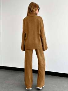 EURMUSE Solid Color Long-Sleeved Sweater And Knitted Trousers Two Pieces Set,Petite,Winter Clothes - Brown - View 2