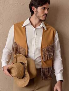 HIMLAND Men's Casual Suedette Rivet Fringe Vest, For Fall, Winter, Spring, Outdoor - Khaki - View 4