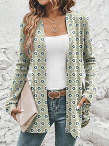 SHEIN LUNE Women's Casual Graphic Print Loose Fit Long Sleeve Cardigan, Suitable For Fall/Winter - Multicolor - View 1