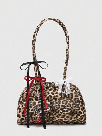 Goth Retro Cute Polka Dot Bowknot Decor Cherry Heart Shoulder Underarm Bag With Multiple Pockets For Women