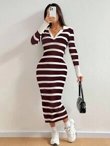 Flirla 秋冬休闲拼色V领修身针织连衣裙 - 彩色 - 查看 3