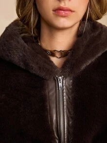 ROMWE EDITION Hippie Western Style Soft Hooded Short Faux Fur Jacket For Women - Coffee Brown - View 9