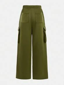 SHEIN Teen Girls Knitted Patch Pocket Overalls Style Sweatpants, Casual For Autumn/Winter - Army Green - View 2