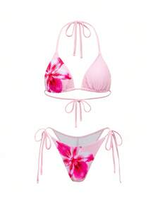 Swim SXY 女士四件套度假套装：吊带印花三角比基尼上衣、泳裤、长款纱笼裙和罩衫；女士两件套服装；碎花两件套；长款半身裙两件套；夏季两件套女装 - 粉色 - 查看 7