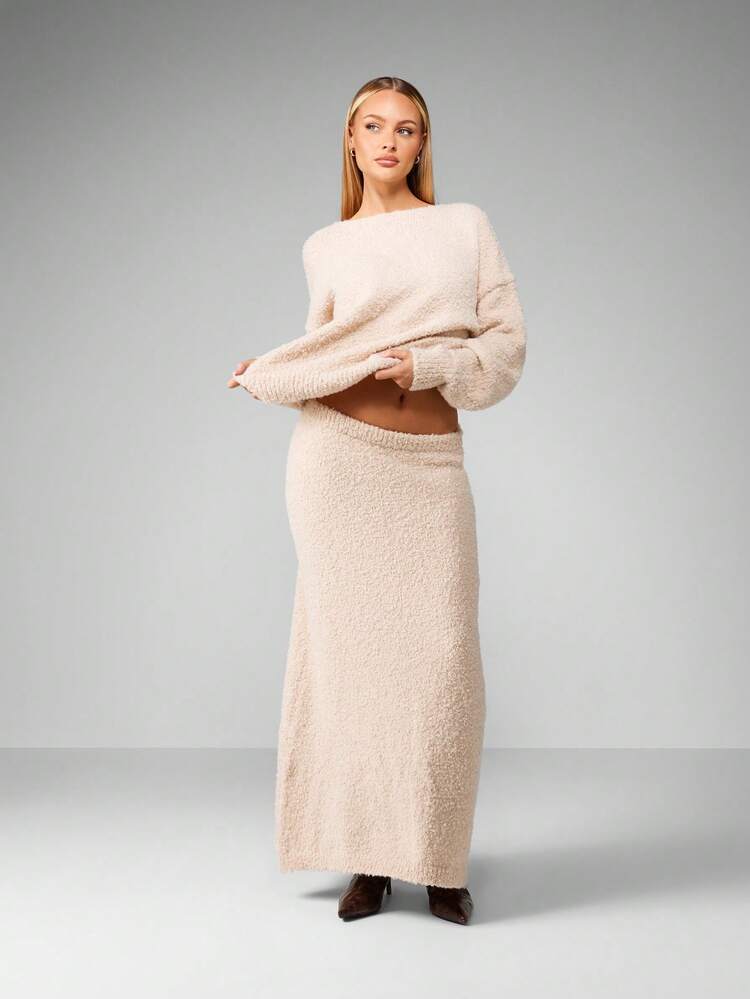 MISSGUIDED Boucle Knit Balloon Sleeve Two Piece Set Maxi Skirt Winter Fall Sweater Co Ord Loungewear Luxury Knitwear High Waisted Cozy Textured Holiday Party Occasion