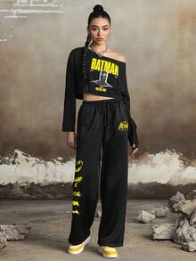 BATMAN X SHEIN 2件組女款休閒字母與圖形印花短版上衣與長褲套裝，秋季慢跑運動褲套裝，女款街頭風搖滾風兩件套長褲套裝 - 黑色 - 查看 4
