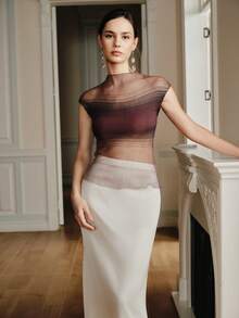 Anewsta Damen Farbverlauf-Halbsichtiger elastischer figurbetonter Puffärmel-Top - Mauve - Übersicht 4