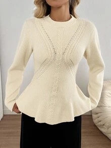 SHEIN LUNE Round Neck Waist Gathered A-Line Twist Cable Knit Textured Casual Loose Elegant Commuter Vintage Style Women Sweater Tops For Women Elegant Jumper For Woman Sweater For Women Sweater Top White Knit Top Autumn Winter Clothes For Women - Apricot - View 7