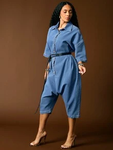 Vixey Mono de mezclilla con botones, caída de entrepierna y mangas cortas