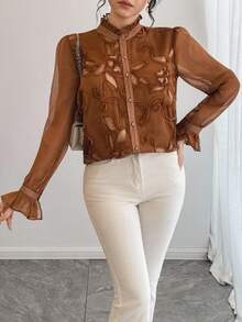 DAZY Women's Elegant Plain Textured Blouse, Autumn Long Sleeve Top - Coffee Brown - View 6