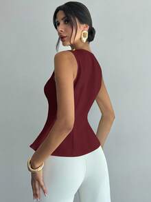 Firerie 女士优雅精致浪漫通勤新款时尚日常金属纽扣腰部 A 字下摆无袖白色衬衫上衣 - 酒紅色 - 查看 3