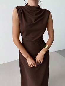 Firerie 女士优雅简约精致浪漫甜美日常通勤婚礼派对音乐节度假褶皱 A 字迷你连衣裙，红色吊带背心 - 咖啡棕 - 查看 2