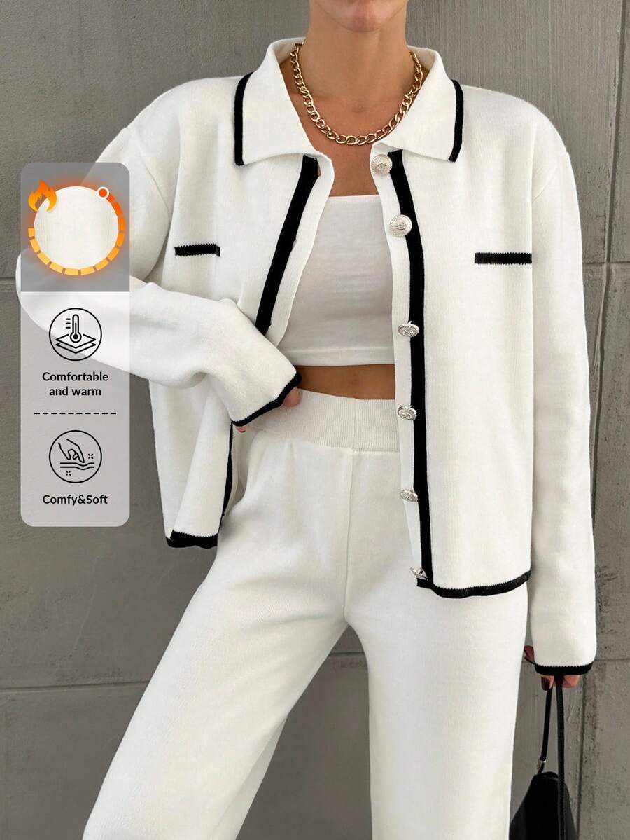 EURMUSE Lapel Front Button Cardigan And Knitted Pants - Black and White - View 1