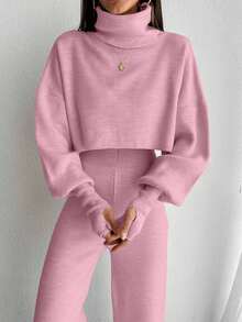 EURMUSE 2pcs Set: Solid Color Funnel Neck Lantern Sleeve Sweater Top & Long Pants, Elegant Knitted Suit - Baby Pink - View 6