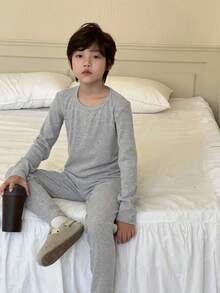 DAZY 青少年男孩纯色圆领长袖上衣和裤子睡衣套装 - 灰色 - 查看 3