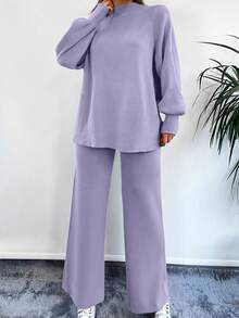 EURMUSE 女士休闲纯色插肩袖灯笼袖毛衣和直筒裤套装，不含腰带 - 紫丁香色 - 查看 4