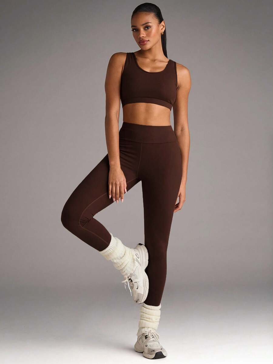 SHEIN BAE Conjunto deportivo de top corto y leggings con estampado de letras para mujer, conjunto de leggings para mujer, conjunto de ropa de gimnasio para mujer