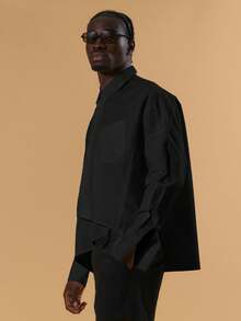 Musero Asymmetrical Long Sleeve Button Through Shirt Front Pocket Detailing Boxy Oversized Fit Spring Summer Holiday Vacation - Black - View 3