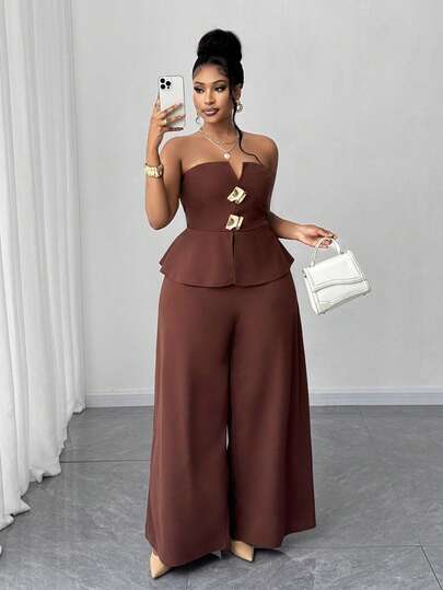 Maweii Conjunto de moda versátil y minimalista de top bandeau con decoración metálica y pantalones de pierna ancha para mujer de talla grande