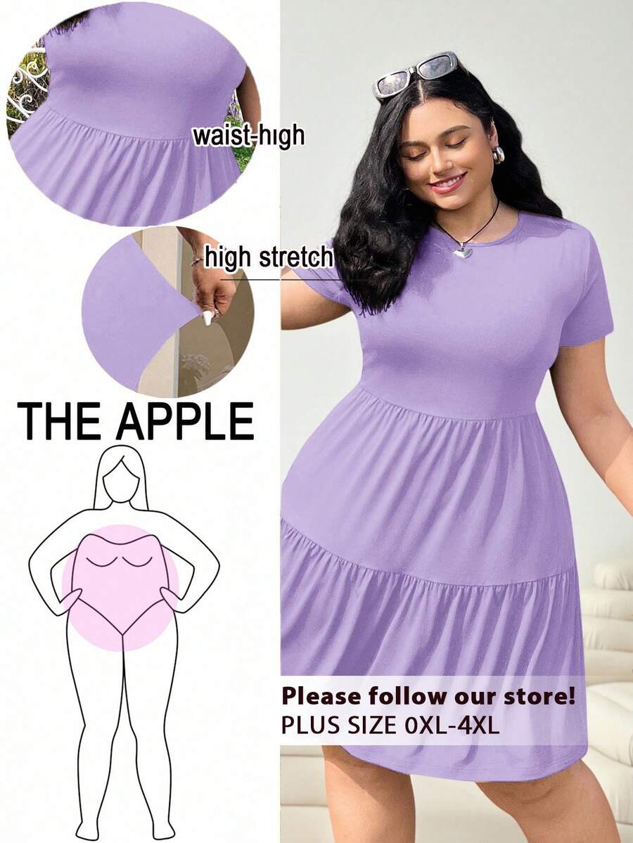 Solflare Plus Size Purple Short Sleeve Loose Fit T-Shirt Dress, Suitable For Spring And Summer,Back To School - Mauve Purple - View 1