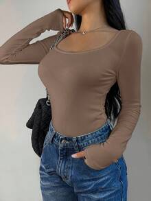 SHEIN BASICS 女士休闲纯色针织圆领长袖修身T恤，升级保暖面料，保暖内衬轻薄不臃肿，秋冬季修身弹力打底衫，棕色上衣 - 咖啡棕 - 查看 5