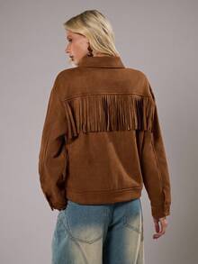 TRNVIE 1 pièce Veste décontractée style urbain  synthétique marron coupe ample avec décoration poitrine en sequins métalliques et franges, look rétro hippie pour femmes, automne/hiver