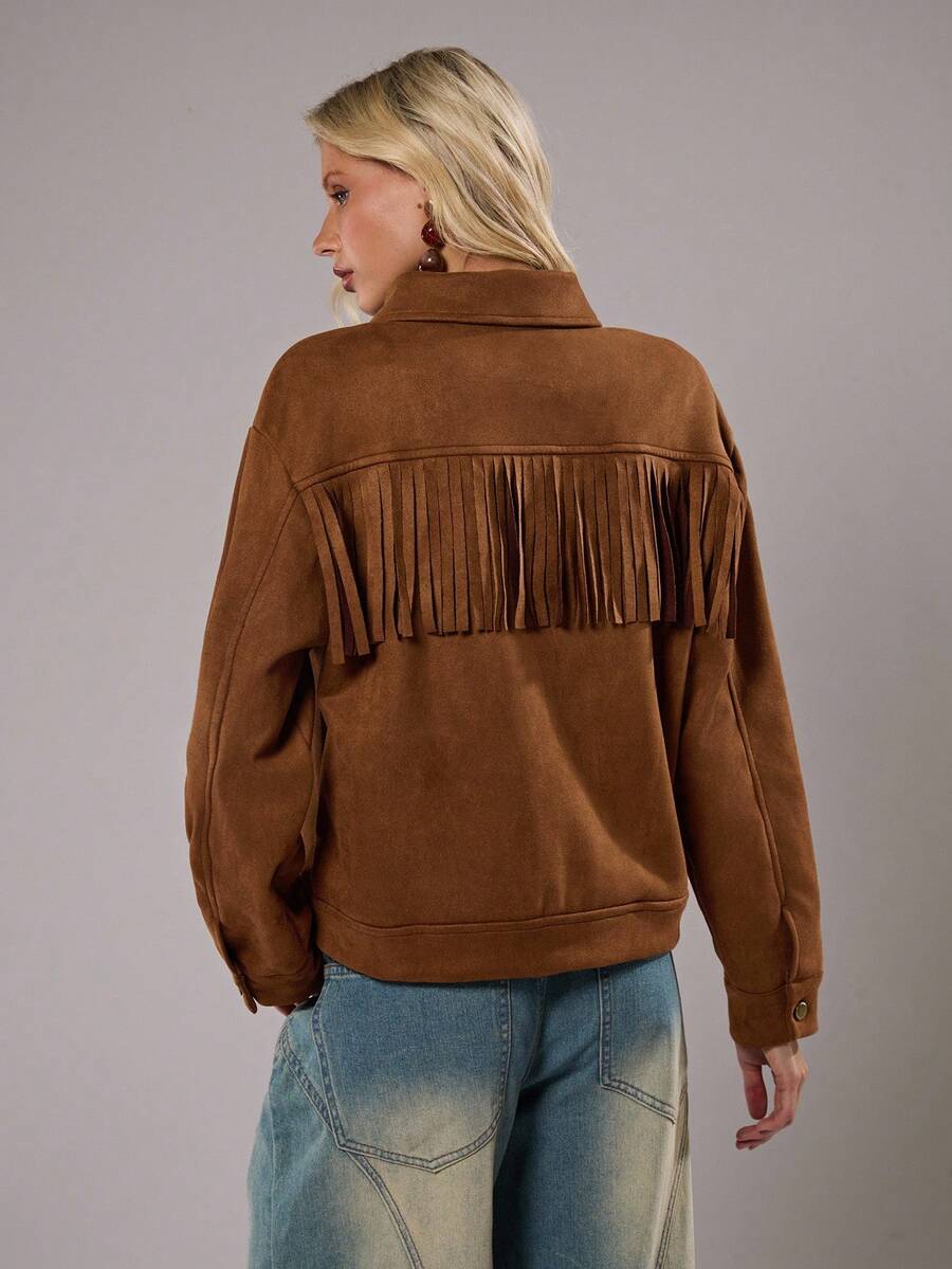 TRNVIE 1 pièce Veste décontractée style urbain  synthétique marron coupe ample avec décoration poitrine en sequins métalliques et franges, look rétro hippie pour femmes, automne/hiver