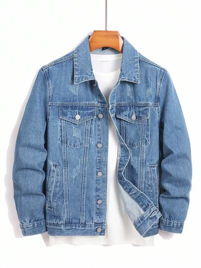 Manfinity Homme Men Casual Street Style Single-Breasted Denim Jacket, Long Sleeve Light Wash Vintage Denim Jacket, Fall
