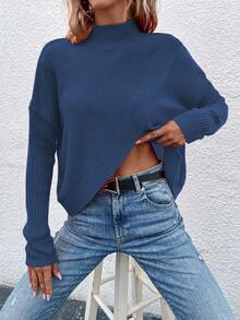 EMERY ROSE Women's Solid Color Stand Collar Drop Shoulder Long Sleeve Casual Pullover Sweater, Autumn/Winter - Navy Blue - View 6
