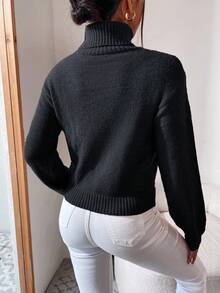EURMUSE Áo len cổ lọ tay dài họa tiết dây cáp thường ngày cho nữ, Thu/Đông - màu đen - Xem 2