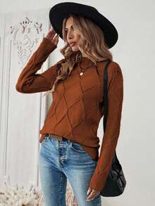 EMERY ROSE 女式纯色长袖休闲套头衫，秋冬 - 棕色 - 查看 6