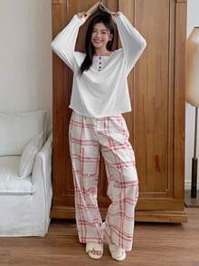Dazy Plus 2pcs Plus Size Women Casual Plaid Pajama Set, Loose Fit Pullover Top And Pants, Cozy Outfit, Fall Winter Clothes - White - View 1
