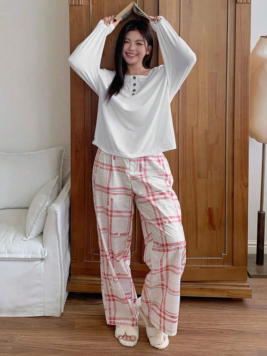 Dazy Plus 2pcs Plus Size Women Casual Plaid Pajama Set, Loose Fit Pullover Top And Pants, Cozy Outfit, Fall Winter Clothes - White - View 1