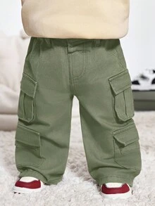SHEIN 幼儿/男婴时尚复古设计做旧多口袋宽松棕色牛仔裤，休闲百搭，适合婴儿秋冬户外服装 - 軍綠色 - 查看 4