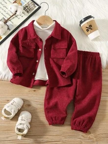 SHEIN 2pcs Baby Boys/Girls Casual Corduroy Shirt With Pockets & Loose Fit Drawstring Pants Set, Suitable For School, Garden, Beach, Birthday, Spring/Summer/Autumn/Winter Autumn And Winter Two Piece Suit Toddler Suit Set Baby Boy Burgundy Clothes Red Baby Boy Outfit New Year