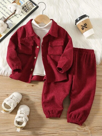 SHEIN 2pcs Baby Boys/Girls Casual Corduroy Shirt With Pockets & Loose Fit Drawstring Pants Set, Suitable For School, Garden, Beach, Birthday, Spring/Summer/Autumn/Winter Autumn And Winter Two Piece Suit Toddler Suit Set Baby Boy Burgundy Clothes Red Baby Boy Outfit New Year