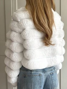 SHEIN EZwear 女式休闲白色仿皮草短款夹克，秋冬 - 白色 - 查看 2