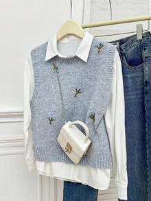 Modelyn Rompi Sweater Leher Bulat Bordir Warna Polos untuk Wanita, Pakaian Musim Gugur dan Musim Dingin untuk Wanita - Light Grey - View 2