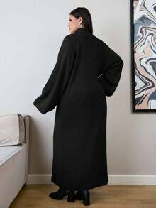 EURMUSE Plus Size Women High Neck Long Sleeve Split Hem Long Sweater - Hitam - View 2