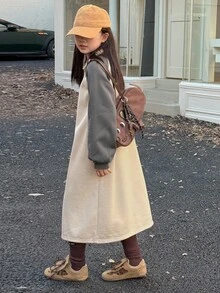 DAZY Tween Girls Knitted Collared Color Block Raglan Sleeve Dress, Fall - Apricot - View 1