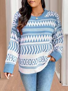 EURMUSE Plus Size Casual Christmas Geometric Pattern Plus Size Pullover Sweater For New Year Clothes - Baby Blue - View 4