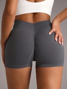 SHEIN BAE Women's Sports Shorts With Ruched Waist, Sexy Lifting, Yoga & Fitness Elastic & ComfortableWomen Sweat Short, Gym Short, Biker Short - Dark Grey - View 2