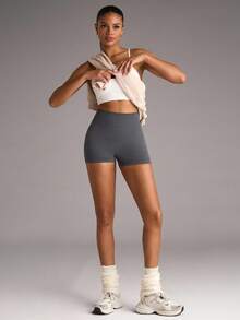 SHEIN BAE Women's Sports Shorts With Ruched Waist, Sexy Lifting, Yoga & Fitness Elastic & ComfortableWomen Sweat Short, Gym Short, Biker Short - Dark Grey - View 9
