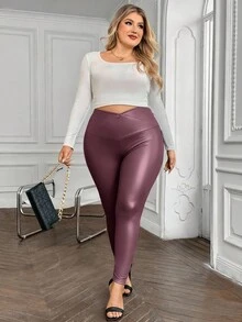 SHEIN VCAY Plus Size Solid Color High Waist Slim Fit Pants, Suitable For Commuting - Dusty Pink - View 3