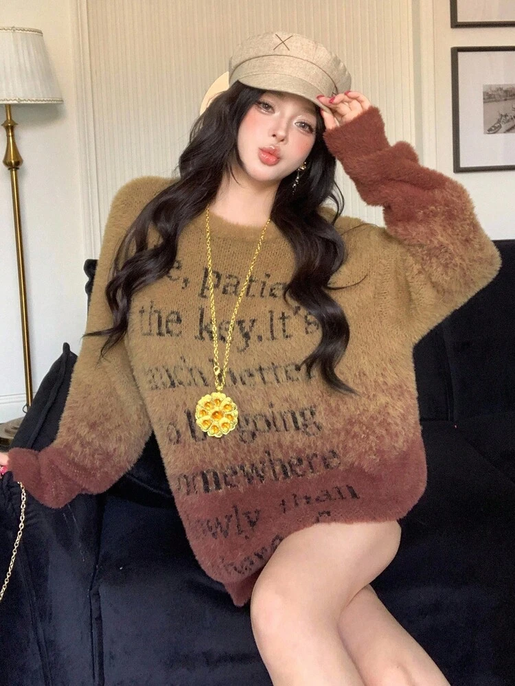 Women's Tie-Dye Tie Dye Letter Pattern Jacquard Knit Pullover Sweater, Casual & Fashionable, Suitable For Autumn/Winter, Christmas & New Year