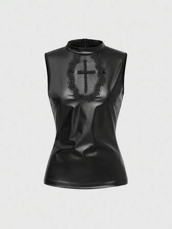 Gothic Kreuz Spitze Patchwork transparenter Ausschnitt ärmelloser Slim Fit PU Weste für Frauen